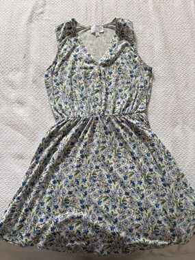 French Grey Blue & Green Floral Sleeveless Dress